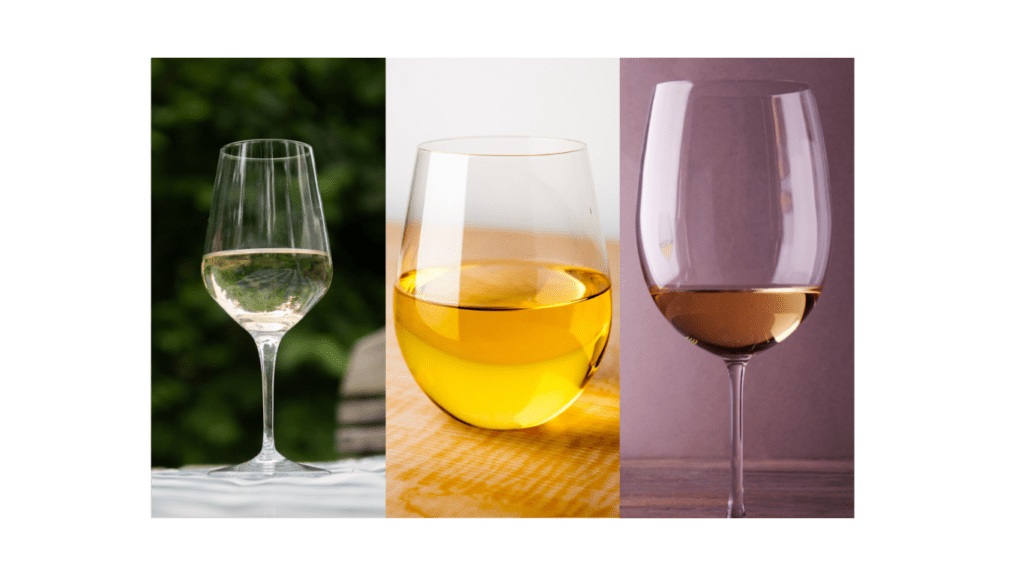 three white wine colors with various levels of oxidation
