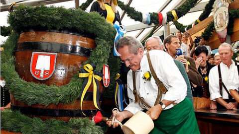 Ceremonial first barrel tapping at Oktoberfest
