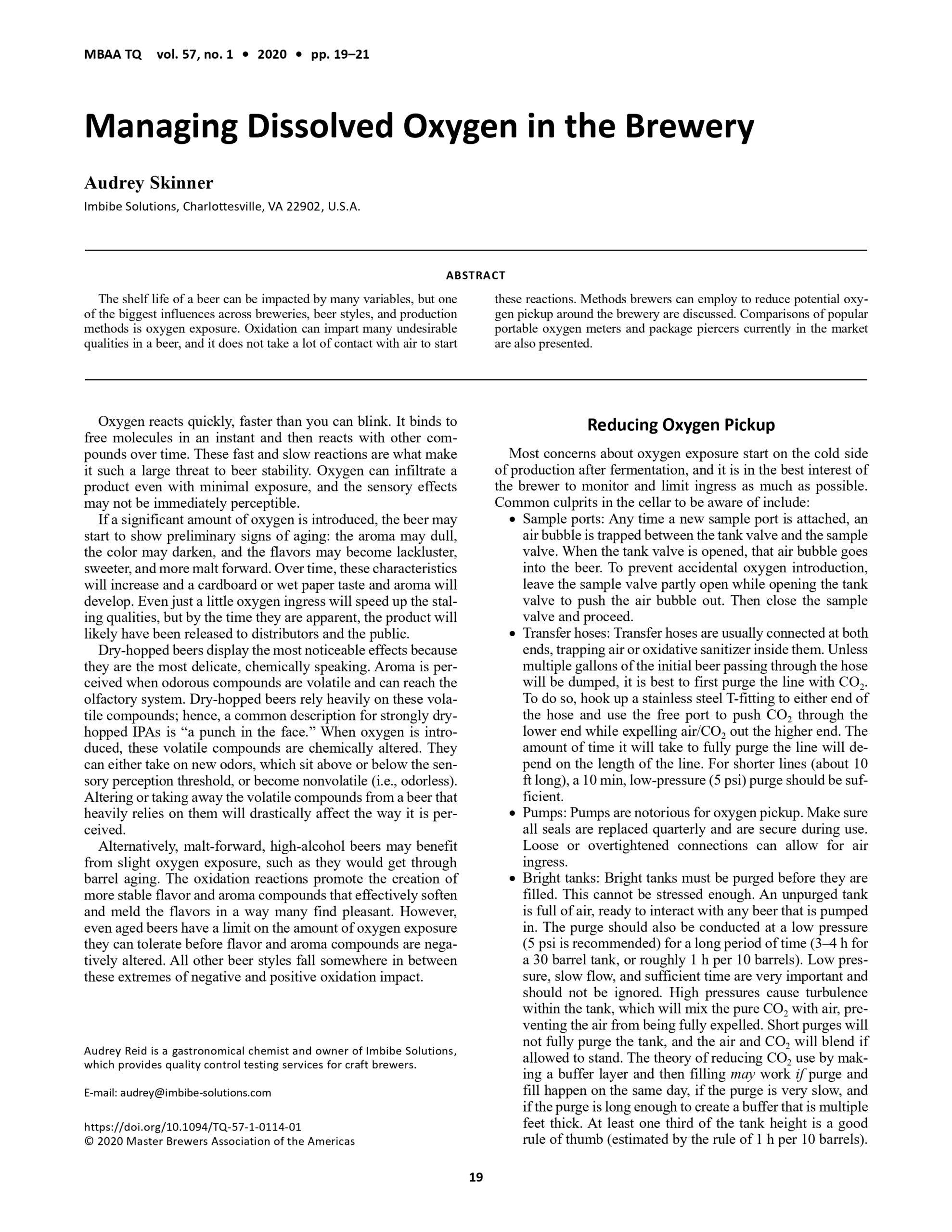 Master Brewers Association of the Americas Technical Quarterly Publication on Managing Dissolved Oxygen in a Brewery, page 1 of 3