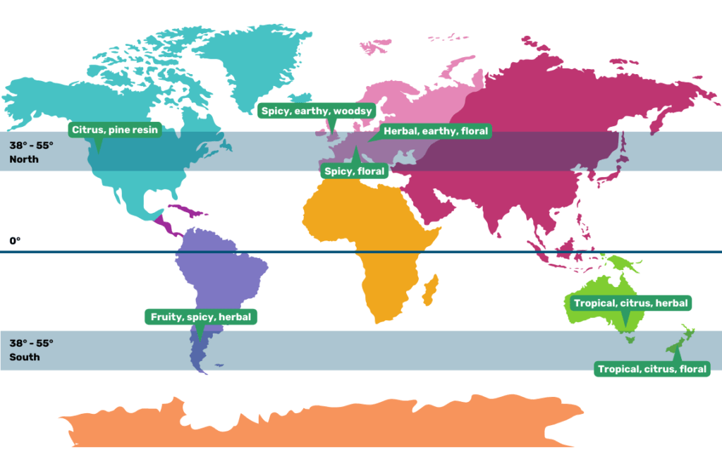 World map that highlights 38-55 degrees latitude North and South. It also indicated major hop growing regions and the characteristic hop flavors produced in that region.