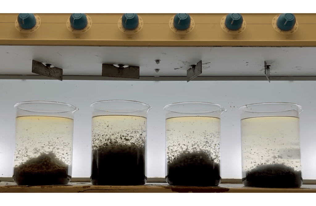 Image of four beakers filled with equal amounts of liquid containing particles that are flocculating at four different rates.