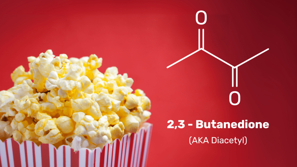 Buttered movie theatre popcorn displayed next to the chemical compound for 2,3-butanedione, aka diacetyl