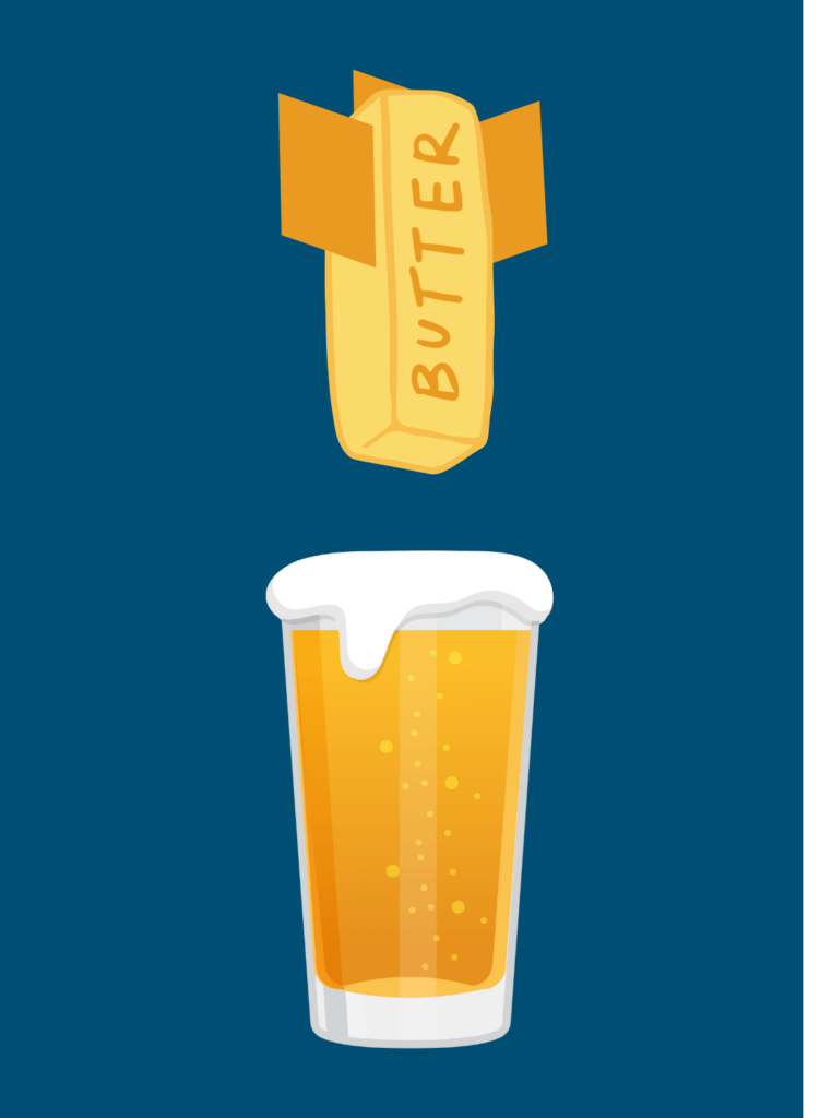 Graphic of a stick of butter with missile-like fins dropping into a pint of beer