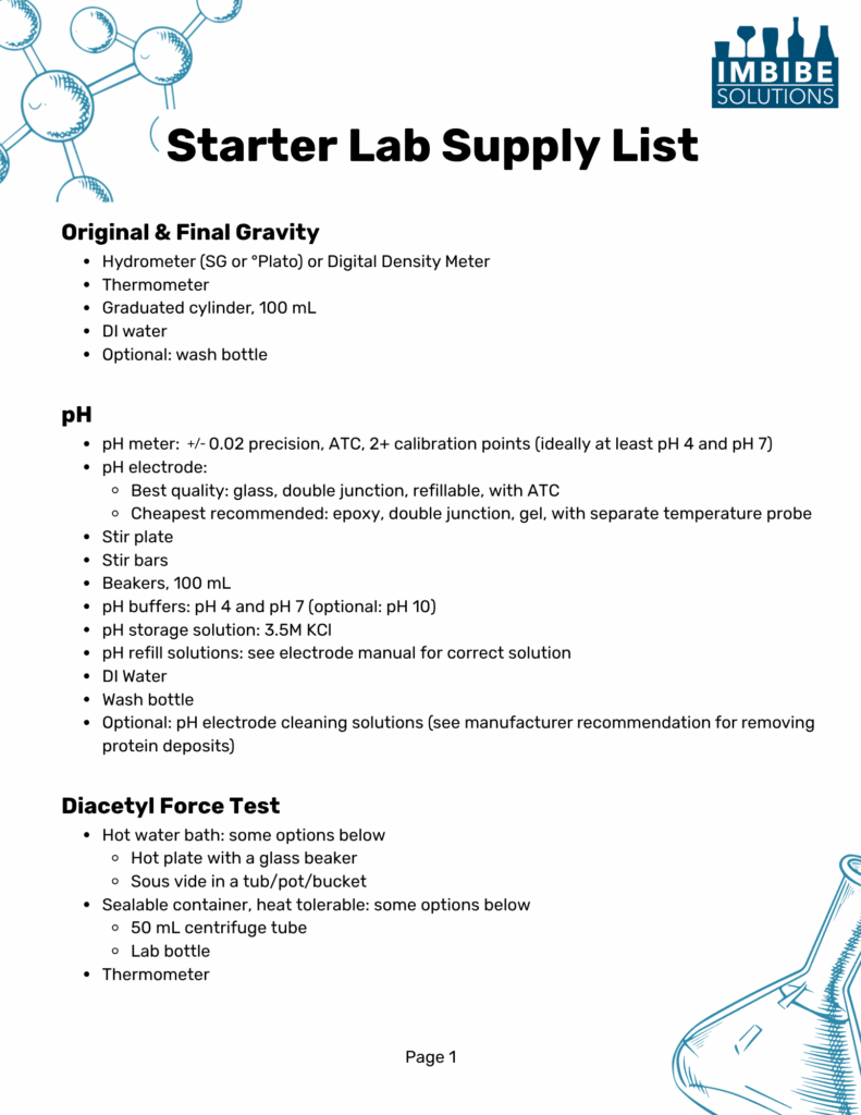 Supply list of materials and equipment needed to start a quality control program at a small brewery, page 1