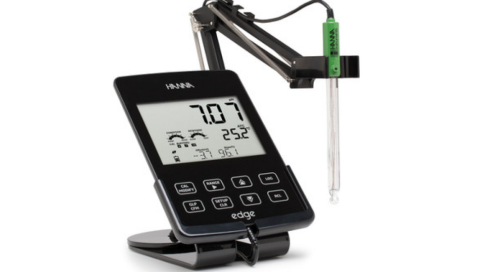 Refillable double-junction pH probe connected to a benchtop pH meter