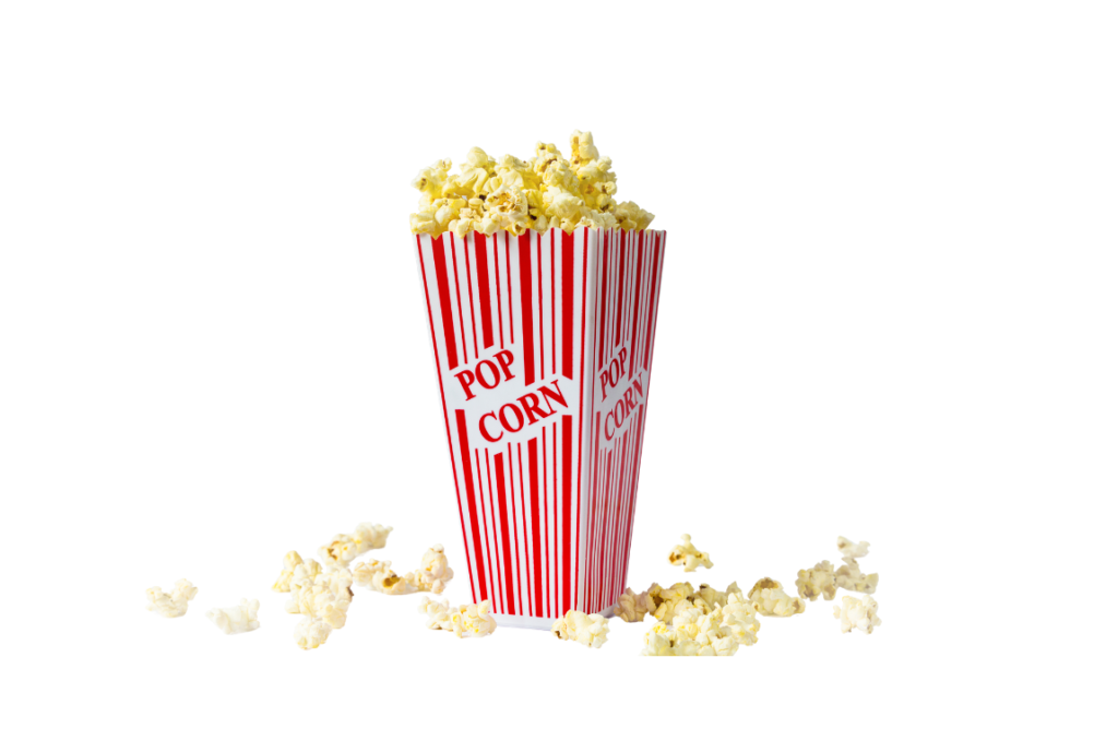 red and white striped box of yellow popcorn with popcorn spilled around the box base