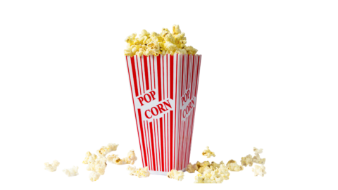 red and white striped box of yellow popcorn with popcorn spilled around the box base