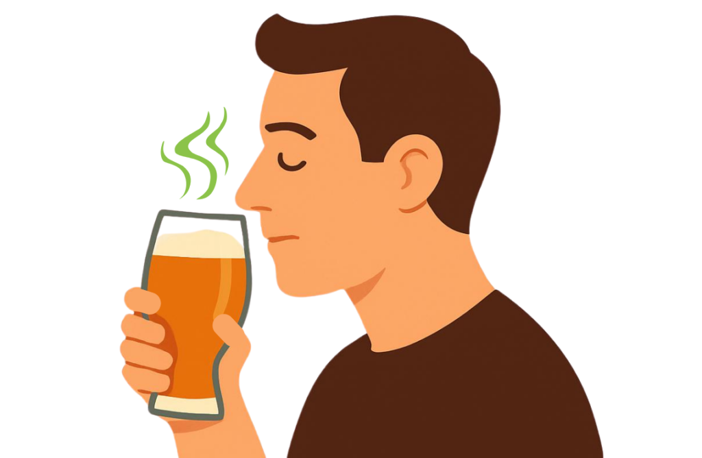 Cartoon of a man smelling a pint of beer with green odor lines