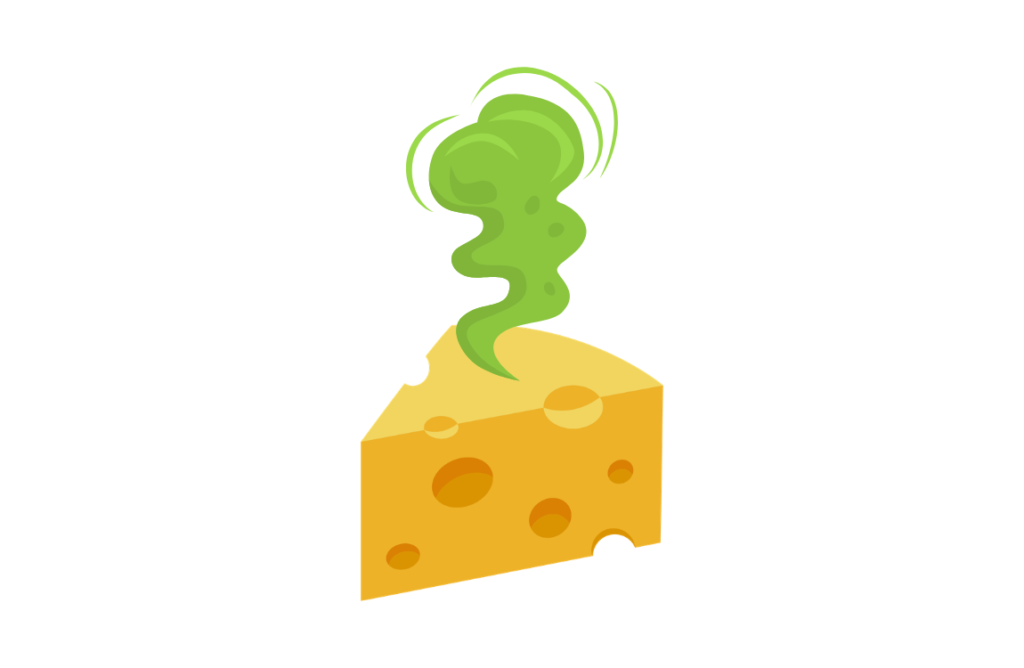 graphic of a yellow holey cheese wedge with green odor cloud radiating off of it