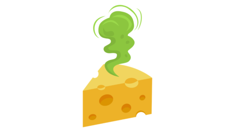 graphic of a yellow holey cheese wedge with green odor cloud radiating off of it