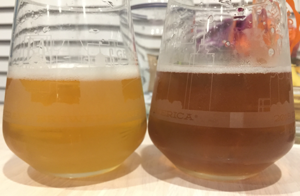 The same beer in two glasses: one is yellow and the other is brown - highly oxidized